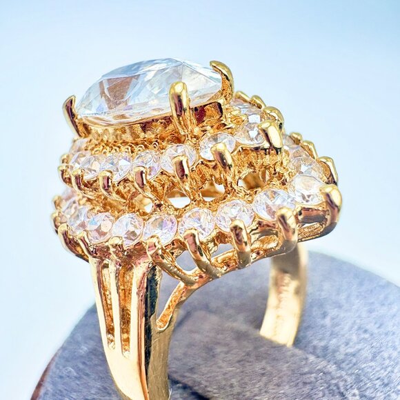 VTG 14k Gold Filled Cubic Zirconia Three Tier Cocktail Ring Size 7.75 - Picture 4 of 11